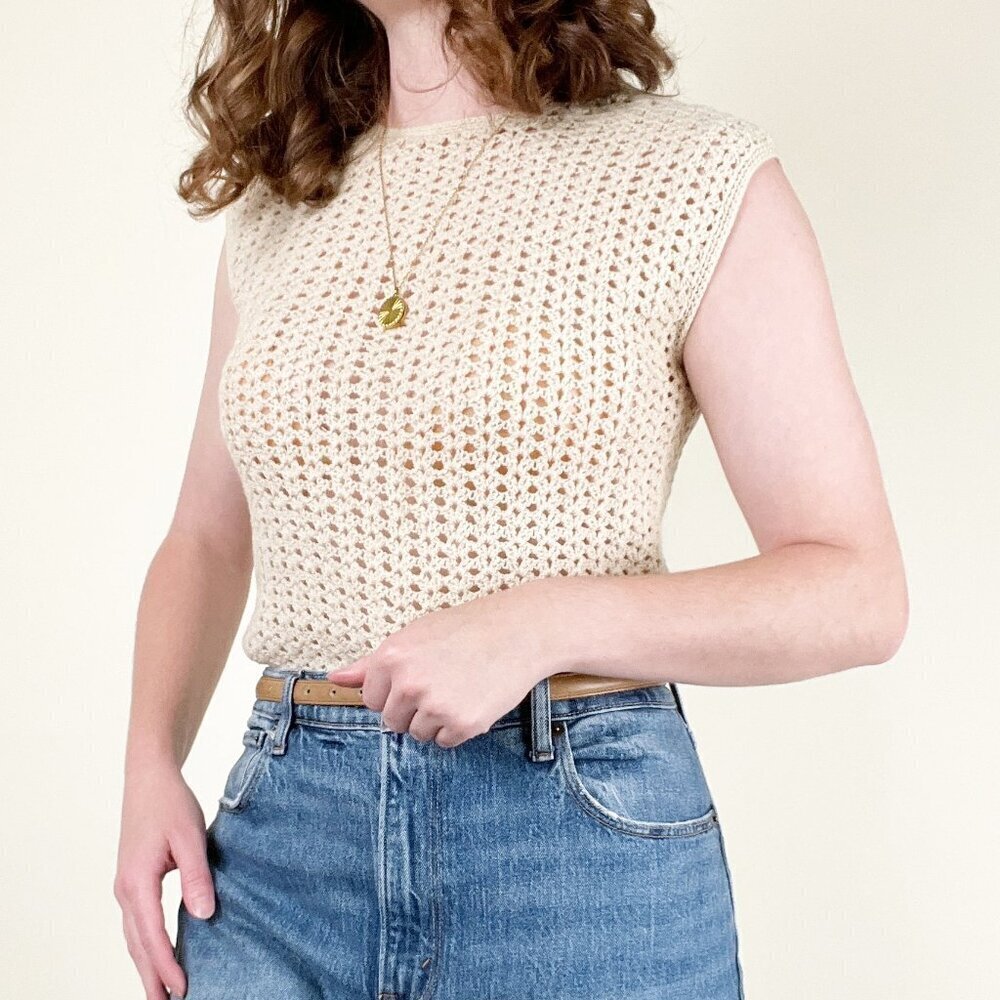 Vintage Handknit Crochet Sweater Vest Oversized Preppy Academia Open Cable Knit
